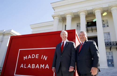 Governor Robert Bentley pictured with Alabama Department of Commerce Secretary Greg Canfield during the 2013 announcement of the "Made in Alabama" economic development campaign