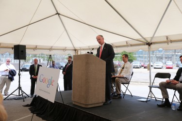 Alabama Gov. Robert Bentley speaks to a large crowd at an announcement that Google plans to build a $600 million data center in the northeast Alabama Jackson County town of Stevenson, Wednesday, June 24, 2015. The data center will create up to 100 jobs at a state-of-the-art facility designed for efficiency and powered by renewable energy. The data center will act as a hub for internet traffic, operating in a network that keeps the Google search engine and company products such as Gmail and YouTube up and running. (Governor's Office, Jamie Martin)
