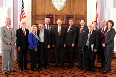 Alabama Gov. Robert Bentley, along with Chris Masingill, Federal Co-Chairman, Delta Regional Authority (DRA), and Jim Byard, Director, Alabama Department of Economic and Community Affairs, pose for a photo with the recipients of nine projects receiving grants totaling $10.4 million from the DRA and other public and private investments at a ceremony at the state Capitol in Montgomery, Thursday, Sept. 17, 2015. (Governor's Office, Jamie Martin)