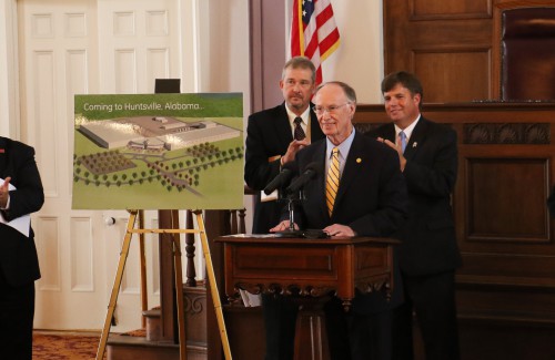 Alabama Gov. Robert Bentley joins officials at the state Capitol in Montgomery to announce that GE Aviation will invest more than $200 million to create two adjacent factories in Huntsville to mass produce silicon carbide materials to manufacture ceramic matrix composite components for jet engines and land-based gun turbines, Tuesday, Oct. 27, 2015. The factories are expected to employ up to 300 people when fully operational. (Governor's Office, Jamie Martin)