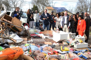Governor Robert Bentley stops to look at the wreckage of a home that was destroyed in a Christmas day tornado in Birmingham, Sunday, Dec. 27, 2015, while touring storm damage in the area. Among those with Gov. Bentley are U.S. Rep. Terri Sewell, state Rep, Pricilla Dunn and state Rep. Merika Coleman. On Friday, Governor Bentley declared a State of Emergency for all Alabama counties for flooding as a result of the excessive rain that has fallen over the past week. (Governor's Office, Jamie Martin)