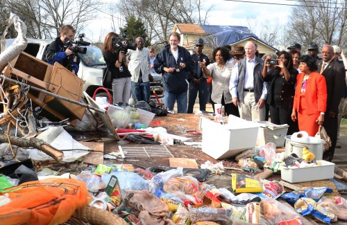 Governor Robert Bentley stops to look at the wreckage of a home that was destroyed in a Christmas day tornado in Birmingham, Sunday, Dec. 27, 2015, while touring storm damage in the area. Among those with Gov. Bentley are U.S. Rep. Terri Sewell, state Rep, Pricilla Dunn and state Rep. Merika Coleman. On Friday, Governor Bentley declared a State of Emergency for all Alabama counties for flooding as a result of the excessive rain that has fallen over the past week. (Governor's Office, Jamie Martin)