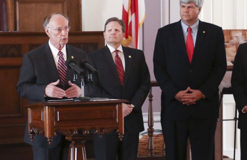 Alabama Gov. Robert Bentley announces the Alabama Prison Transformation Initiative Act at the state Capitol, Tuesday, Feb. 23, 2016, in Montgomery, Ala. The legislation, sponsored by State Rep. Steve Clouse and State Sen. Trip Pittman, provides for the construction of four modern prison facilities, three male facilities and one women's facility. House Speaker Mike Hubbard, Pro Tem Del Marsh and Corrections Commissioner Jeff Dunn joined Gov. Bentley at the announcement. (Governor's Office, Jamie Martin)