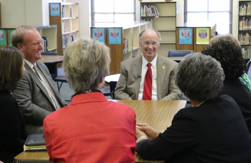 Alabama Governor Robert Bentley meets with leaders in education and tours Monroeville Elementary School, Monday, March 21, 2016, in Monroeville, Ala. The school provides an outstanding educational experience for  more than 600 students in Pre-Kindergarten through 4th grade. Gov. Bentley discussed many issues affecting education in rural Alabama, particularly the lack of high-speed, high-capacity internet, or broadband, and the need to expand Alabama's First Class Pre-K program. (Governor's Office, Jamie Martin)