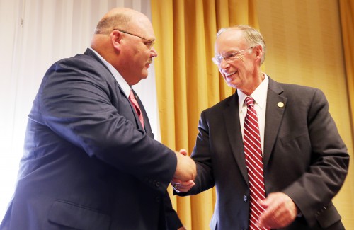 Alabama Gov. Robert Bentley greets Art Faulkner, Director, Alabama Emergency Management Agency (AEMA) before speaking at the 2016 State of Alabama Governor's Preparedness Conference in Florence, Ala., Wednesday, June 15, 2016. Gov. Bentley stressed the importance of continued vigilance in preparedness for natural and other disasters. (Governor's Office, Jamie Martin)