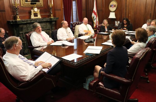 Alabama Gov. Robert Bentley leads the inaugural meeting of the Children's Cabinet in his office at the Capitol in Montgomery, Monday, June 13, 2016. State Rep. David Faulkner was elected vice chair the committee, which brings together leaders to better serve the state's children by streamlining services to Alabama's more than 1 million children. (Governor's Office, Jamie Martin)