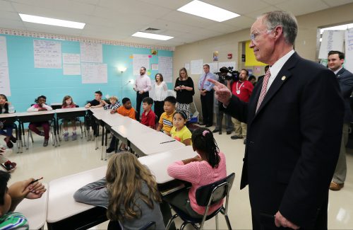 Alabama Gov. Robert Bentley emphasizes a point while visiting a third grade classroom at Riverchase Elementary School, Wednesday, Oct. 14, 2015, in Hoover. He watched as the teacher interacted with students on the different ways they reached their solution to a math problem. (Governor's Office, Jamie Martin)