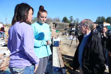 Alabama Gov. Robert Bentley and other officials tour the town of Rosalie in Jackson County, Thursday, Dec. 1, 2016, after yesterday's tornadoes killed three people when a tornado picked up their mobile home. (Governor's Office, Daniel Sparkman)