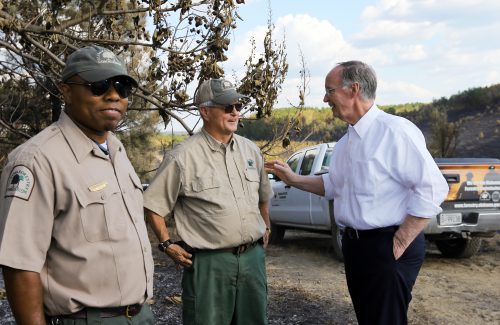 Alabama Gov. Robert Bentley appeals to citizens about the serious drought situation in the state after touring the site of a recent wildfire in Walker County, near Dora, Ala.,  Thursday, Oct. 27, 2016. He joined Interim State Forester Gary Cole and Assistant State Forester Dan Jackson in urging residents to obey the Drought Emergency Declaration, often called a "No Burn Order," that he signed earlier this month. Since October 1, 2016, 987 wildfires have destroyed more than 10,730 acres in Alabama, more than four times the amount that occurred during the same time period in 2015. (Governor's Office, Jamie Martin)